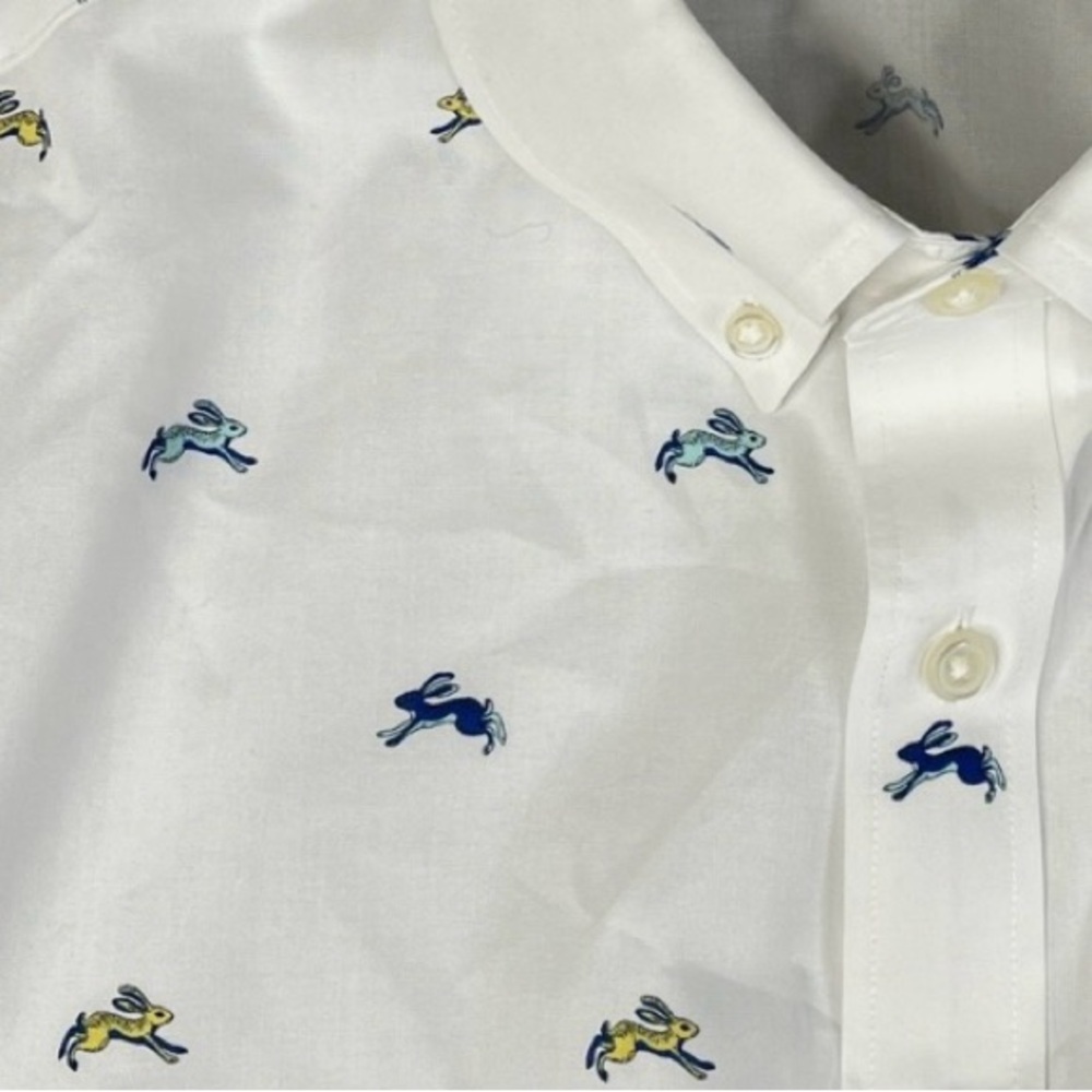 White Button-Up Shirt with Blue & Yellow rabbits
